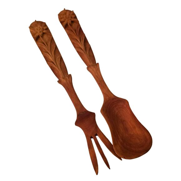 Vintage Carved Wooden Salad Spoon Fork Servers Floral Leaves 11.5in 70s 80s - Picture 1 of 9